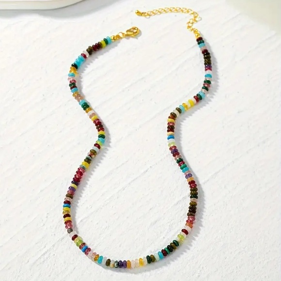 NEW Colorful Gemstone Natural Stone Beaded Adjustable Choker Necklace Gold - Picture 5 of 14